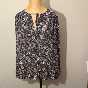 LOFT Black Floral Blouse with Tie-Neck
